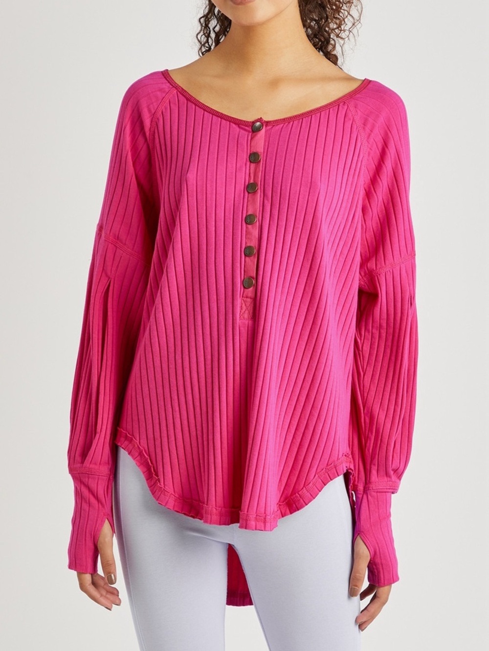 Free People Movement Fushia Bella Layer Henley Ribbed Thumbhole Top Pink Size S